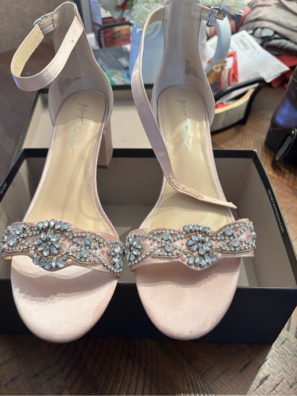 Gently Used Betsey Johnson Blush Pink Crystal Floral Ankle-Strap Block Heels